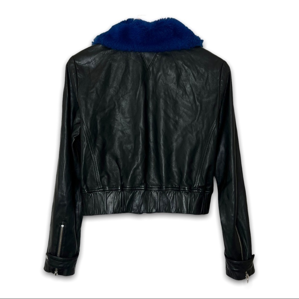 VEDA Lamb Leather Faux Fur Collar Cropped Y2K Penny Lane Biker Bomber Jacket L‎ - Picture 7 of 13